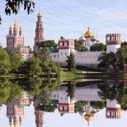 Reflection of buildings and trees in calm water