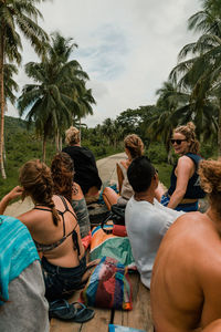 Rear view of people sitting on palm trees