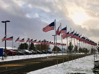 Flag flags on snow covered landscape against sky