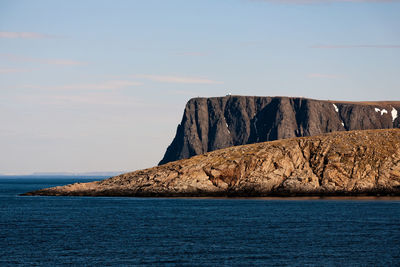 Scenic view of sea and rock formation against sky