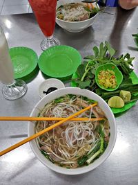 High angle view of soup in bowl on table