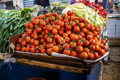 High angle view of vegetables for sale at market stall