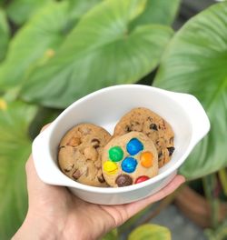 Close-up of hand holding ice cream in bowl