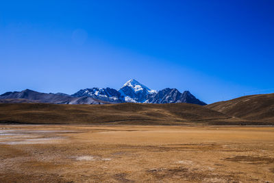 Scenic view of snowcapped mountains against clear blue sky