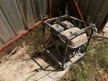 High angle view of rusty machine part