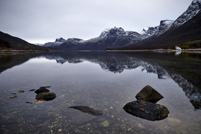 Scenic view of lake and mountains against sky