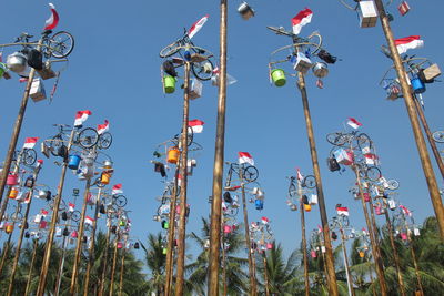 Low angle view of flowering plants against clear blue sky