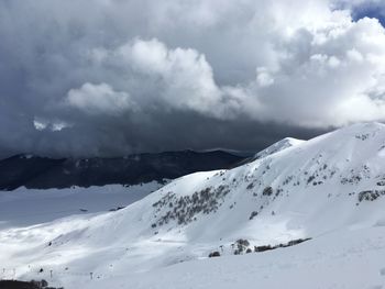 Scenic view of snow covered mountains against sky