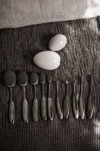 High angle view of eggs on table