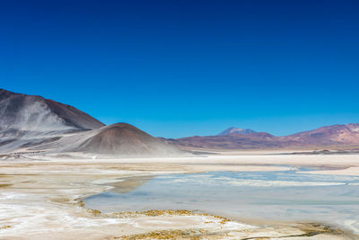 Scenic view of mountains against clear blue sky