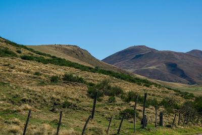 Scenic view of mountains against clear blue sky