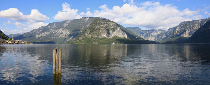 Scenic view of lake and mountains against sky