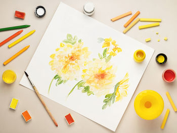 High angle view of multi colored pencils on table