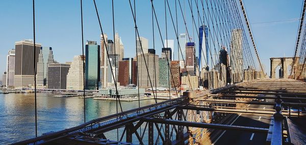 Panoramic view of suspension bridge and buildings against sky