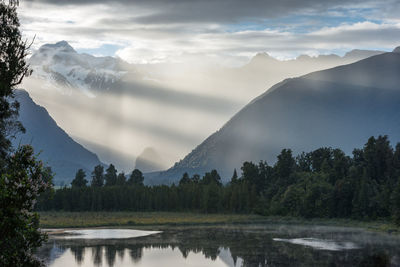 Scenic view of lake and mountains against sky