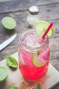 High angle view of drink served in jar on table