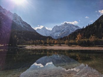 Scenic view of lake and mountains against sky