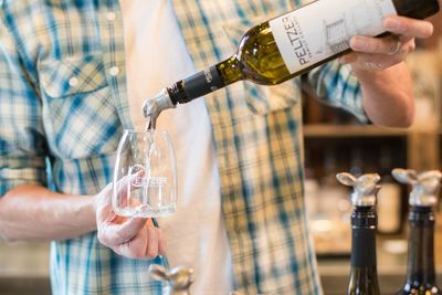 Close-up of hand pouring wine in glass