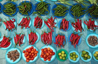 Directly above shot of vegetables in plate on table at market