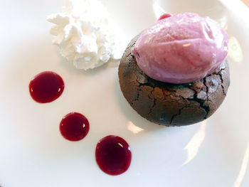 Close-up of chocolate cake with sorbet in plate