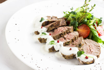 High angle view of food served in plate