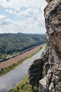 View from the bastei bridge into the elbe valley in the elbe sandstone mountains in germany