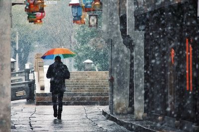 Rear view of person walking with umbrella during snowfall