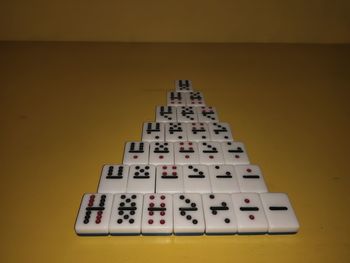 High angle view of objects on table against yellow background