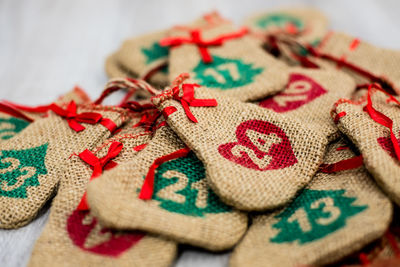 Close-up of numbers on christmas decorations on table