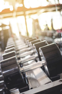 Dumbbells in row at gym