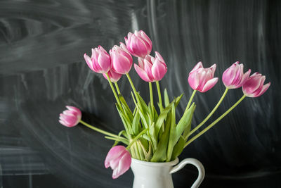 Close-up of pink tulips in vase against blackboard