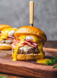 Close-up of burger on cutting board