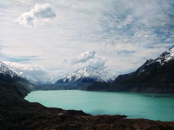 Scenic view of lake and snowcapped mountains against sky