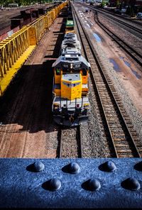 High angle view of train on railroad tracks against sky