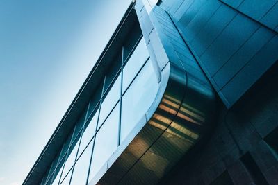 Low angle view of modern building against clear blue sky