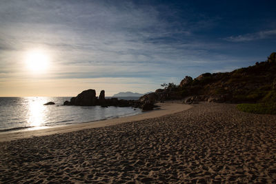 Scenic view of beach against sky during sunset