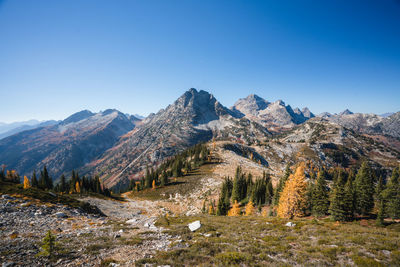 Scenic view of mountains against clear blue sky