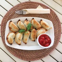 High angle view of fruits in plate on table