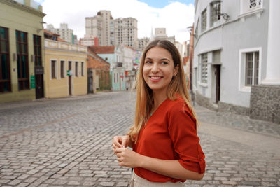 Portrait of woman in largo da ordem praca garibaldi square of curitiba, parana, brazil