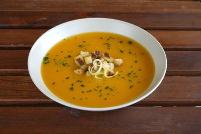 High angle view of soup in bowl on table