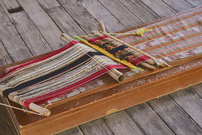 High angle view of multi colored fabric on table