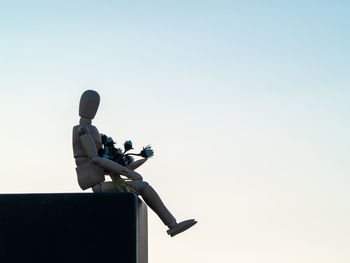 Low angle view of figurine with flowers on retaining wall against sky