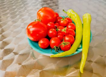 High angle view of tomatoes in bowl on table