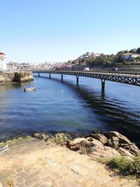 Bridge over river against clear blue sky