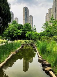 Scenic view of lake by trees and buildings against sky