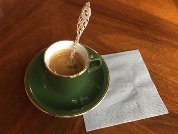 High angle view of coffee on table