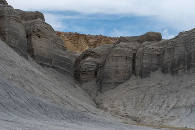 Unusual landscape of grey and yellow barren stone hillsides near hanksville, utah