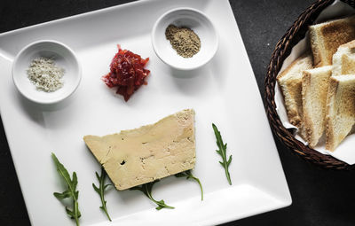 High angle view of breakfast served on table