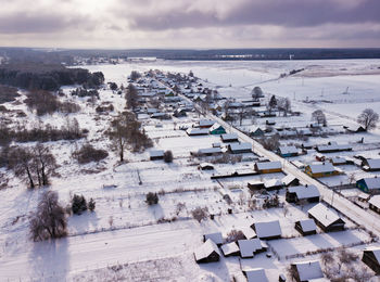 High angle view of townscape against sky during winter