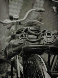 Close-up of shoes with bicycle